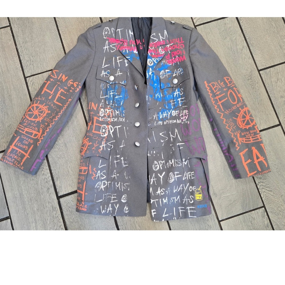 Graffiti Print Military Blazer Gray Peace Sign Streetwear Jacket Size 25